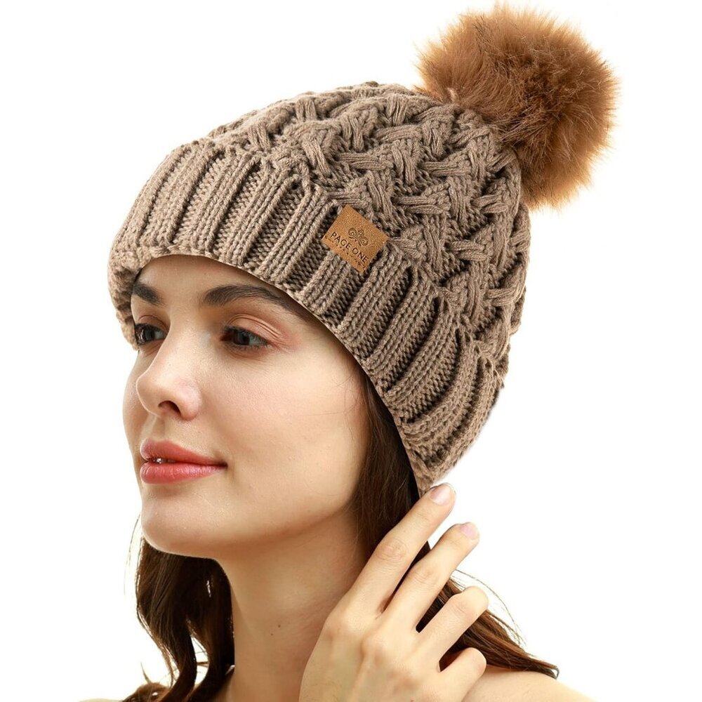 Women’s Khaki Winter Ribbed Beanie Hat Chunky Cable Knit Pompom Warm - Picture 2 of 6